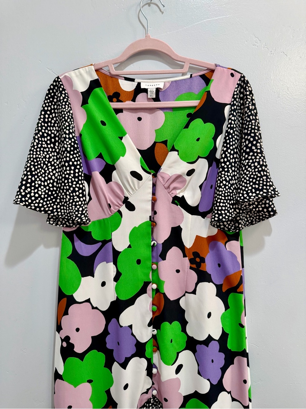 Sold Topshop Mixed Print Floral Polka Dot Midi Dress Multi-Color Flutter Sleeve - Picture 6 of 13